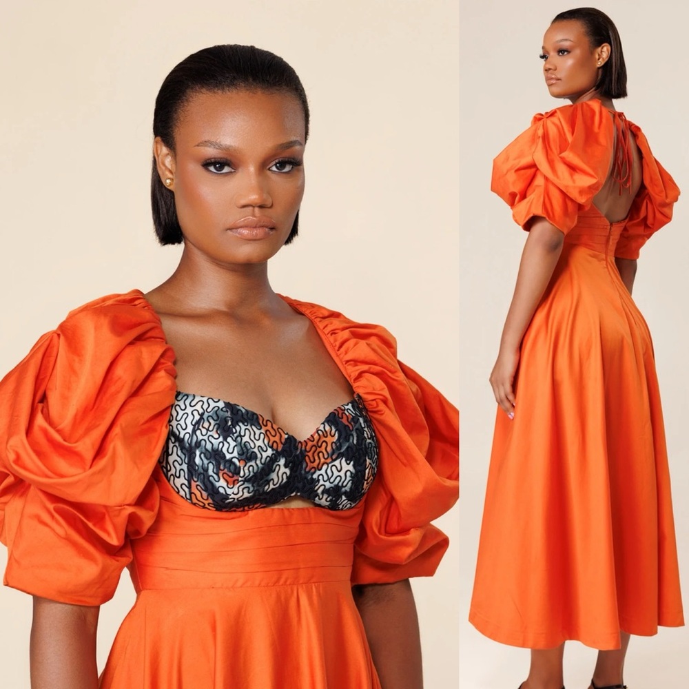 Vibrant Orange Backless Dress with Puff Sleeves